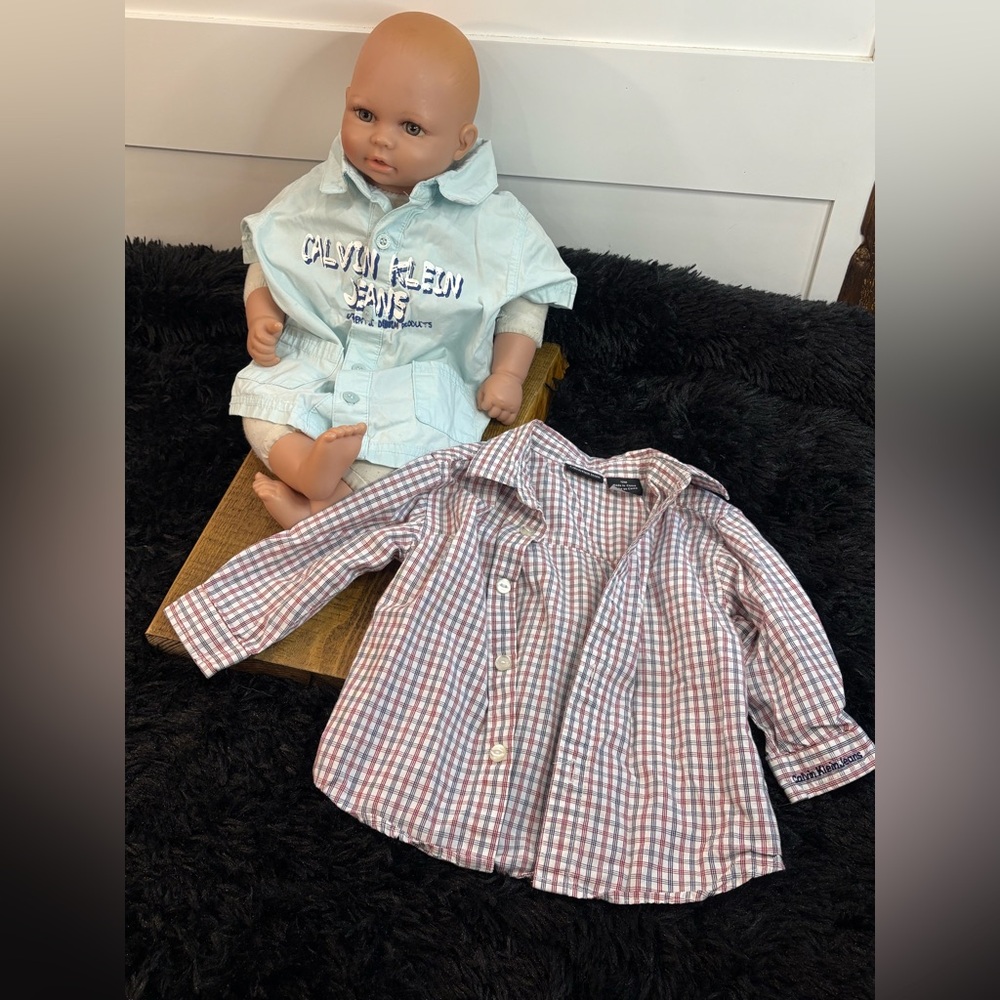 Calvin Klein Baby Boy Shirt Bundle 6–9M Light Blue Logo Tee + Red Plaid Button